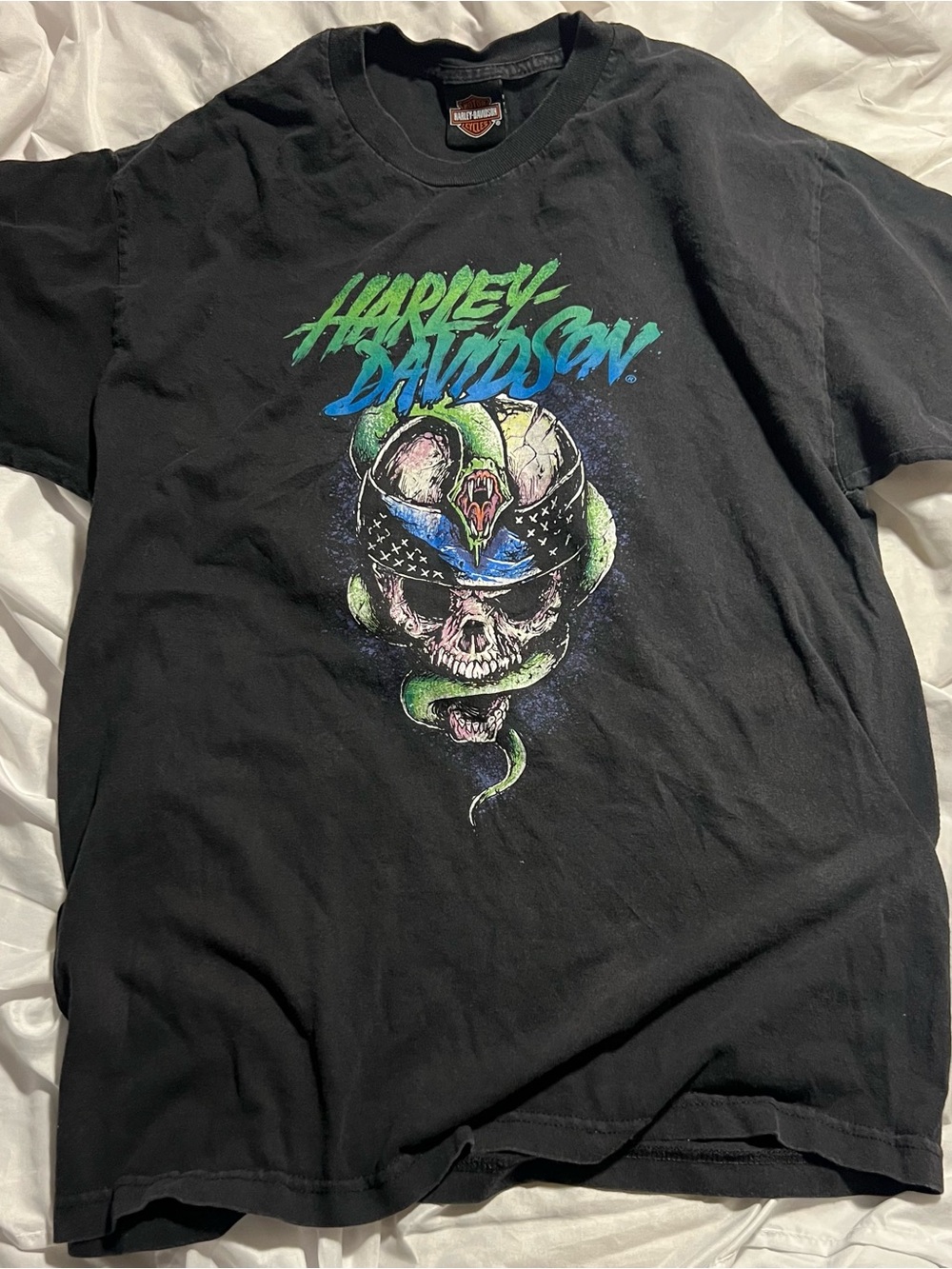 Harley-Davidson Black Tee with Green and Blue Skull Graphic